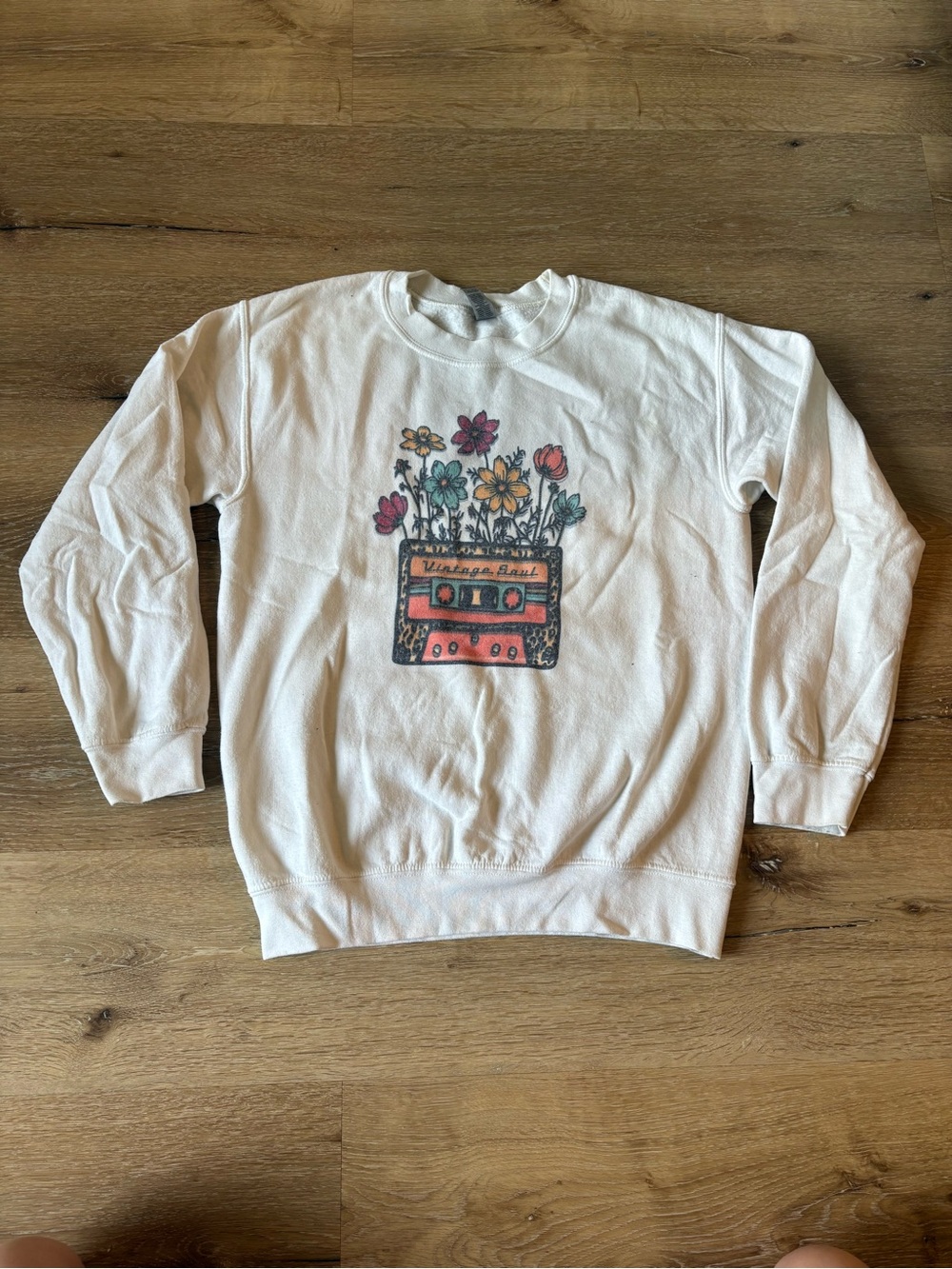 Gildan White Crewneck Sweatshirt with Colorful Cassette Floral Graphic